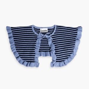 NWT Ganni Stripe Wool Cashmere Ruffle Collar Sky Captain Blue OS